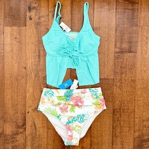 NWT Cupshe aqua flutter tankini floral ruched high waist bikini swimsuit Medium